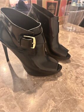 Burberry Black Open-Toe Stiletto Ankle Boot with Gold Buckle